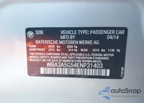 2014 BMW 328I from USA, damaged, VIN WBA3A5G54ENP31403